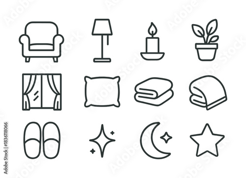 Home comfort icons: armchair lamp candle plant curtains pillow blanket slippers moon star