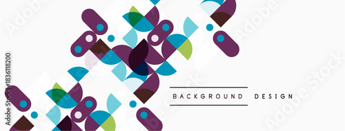 Abstract geometric shapes overlap, creating vibrant background. Colors include purple, teal, green, gray. Modern design element.