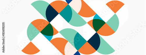 Abstract geometric pattern. Overlapping circles create dynamic composition. Teal, orange, dark blue hues dominate white background. Modern design.