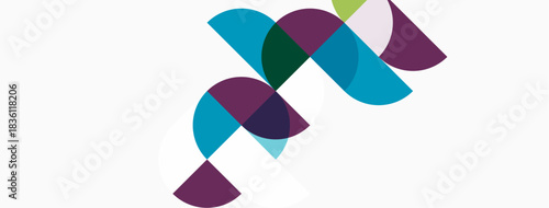 Abstract design features overlapping colorful semicircles. Shapes create dynamic composition on white background. Modern, minimalist aesthetic.