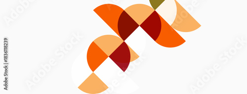 Abstract geometric shapes overlap, creating warm color palette. Design features curved segments, suggesting movement, simplicity.