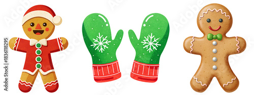 Christmas gingerbread cookies and gloves on transparent background, Christmas-themed illustration, PNG image
