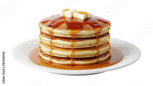 Photos Stack of golden pancakes with butter and maple syrup isolated PNG, delicious bre