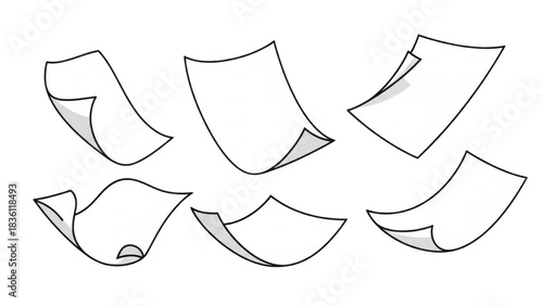 Collection of floating blank white paper sheets and falling empty pages illustration set