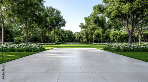 Fototapeta Naklejka Na Ścianę i Meble -  Sunlit paved pathway tree lawn flowerbed sky