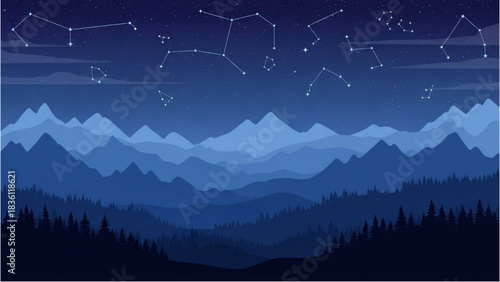 Night Sky Landscape Mountains and Constellations Art
