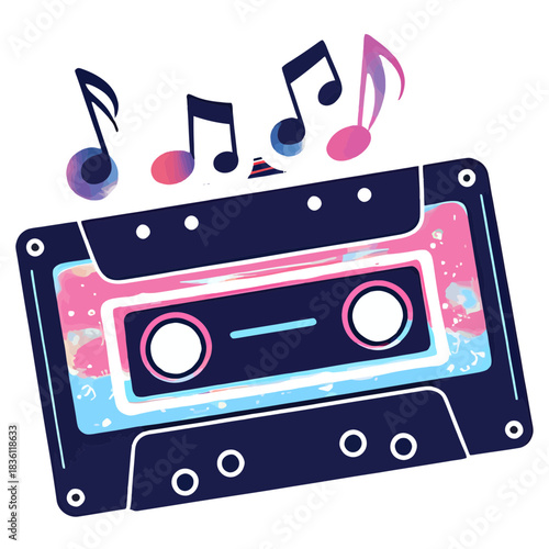 vintage cassette tape | holographic shine | floating musical notes | retro music sticker | 80s nostalgia | iridescent shimmer | bold outline | pastel glow | throwback vibes | aesthetic tape 