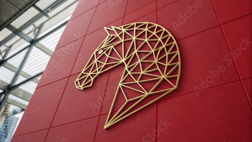 Chinese new year 2026 decor. Modern geometric horse emblem on red wall, showcasing elegance and style