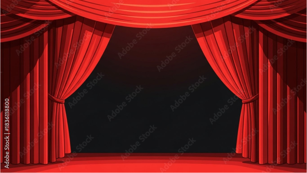 Fototapeta premium Vibrant Red Stage Curtains Opening to a Dark Spotlighted Performance Area, Evoking Theatre and Grand Entertainment