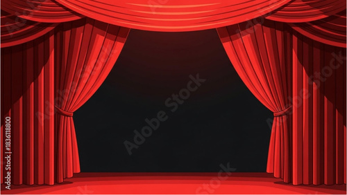 Vibrant Red Stage Curtains Opening to a Dark Spotlighted Performance Area, Evoking Theatre and Grand Entertainment