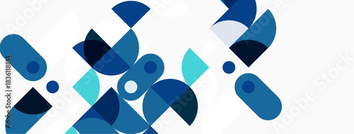 Abstract geometric shapes, varying blues, white background. Minimalist design, modern aesthetic, overlapping forms create visual interest.