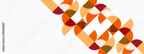 Abstract geometric pattern. Circles, semicircles create diagonal band. Warm colors dominate beige background. Modern design element.