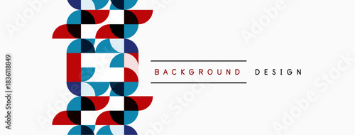 Abstract geometric pattern. Red, blue, turquoise shapes create dynamic visual effect. White space provides clean contrast.