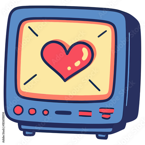 90s CRT computer | pixel heart screen | pastel palette | chunky bold outline | retro tech sticker | kawaii electronics | soft glow highlight | vaporwave vibes | nostalgic computer aesthetic | cute