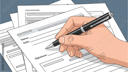Filling out paperwork and signing documents with a pen illustration