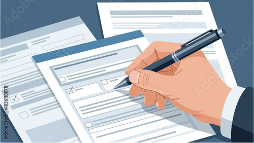 Conceptual illustration of a hand with a pen completing a job application or survey form