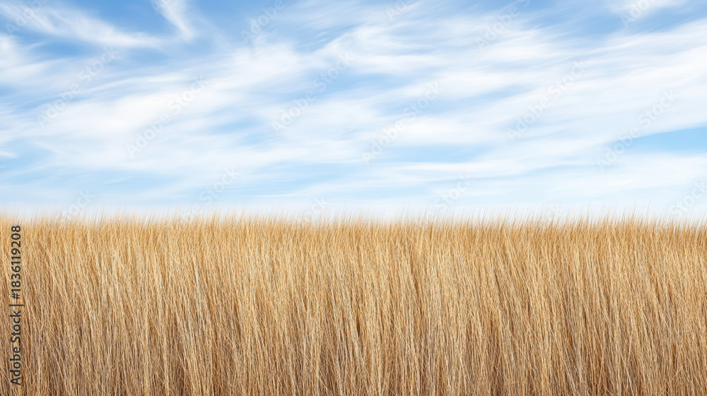 Fototapeta premium Golden grass field blue sky serene horizon with wispy clouds evoking calm