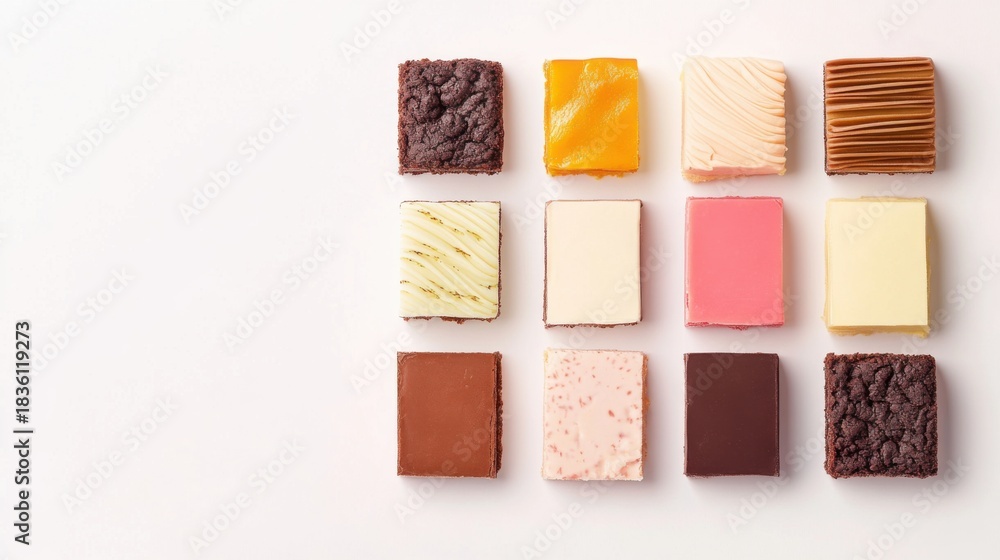 Fototapeta premium Assorted dessert bars arranged in a symmetric pattern on white