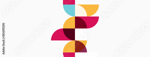 Abstract geometric design. Overlapping semicircles create dynamic visual rhythm. Warm, cool colors contrast against white background.