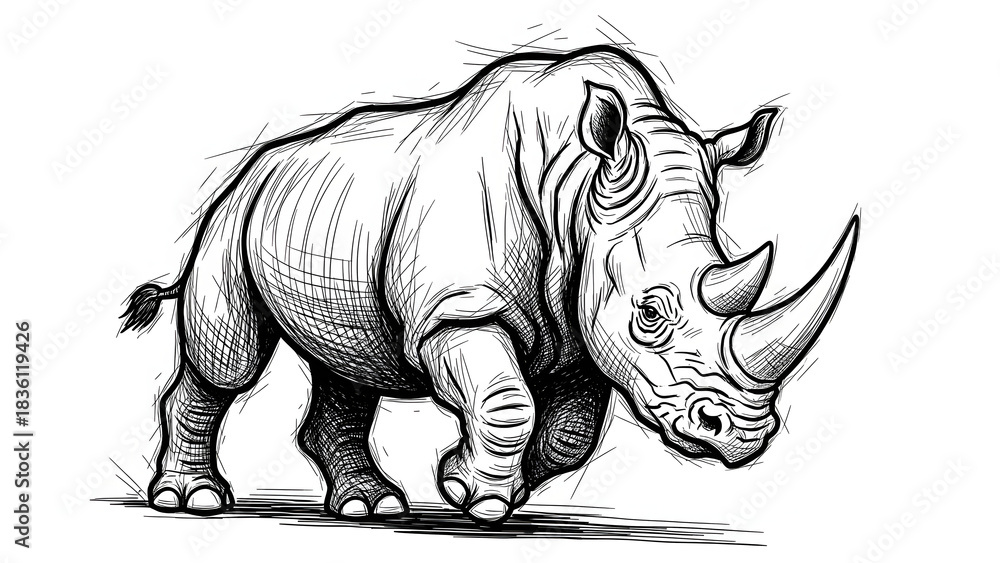 Fototapeta premium Robust Rhino: A powerful illustration of a rhinoceros in motion, showcasing the strength and resilience of this iconic creature.
