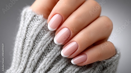 Woman's hand displaying elegant french manicure with gray sweater