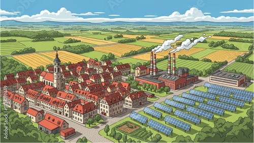 Balancing old and new A village, industrial plant, and solar farm coexist in a vibrant rural landscape