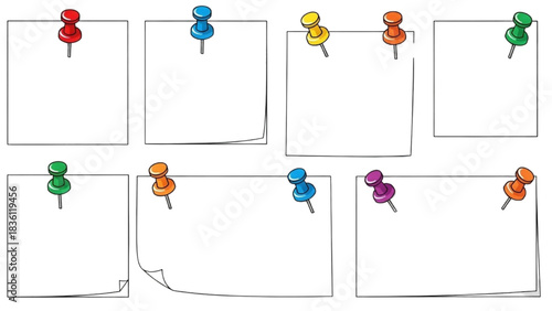 Hand-Drawn Illustration of Eight Blank Square Notes Pinned with Vibrant Colorful Thumbtacks, Ready for Your Custom Messages and Reminders