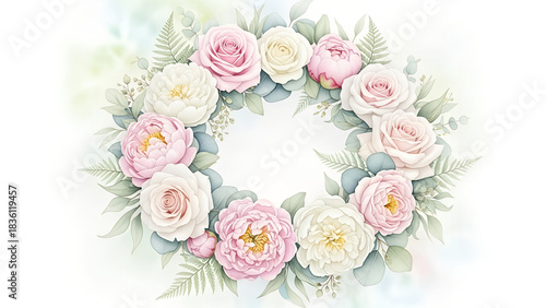 Floral wreath with pink and white roses on soft pastel background for International Women's Day  