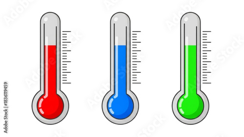 Illustrative group of three distinct colorful temperature gauges displaying different measurement levels