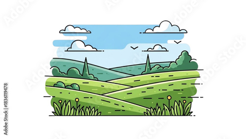 Vibrant green rolling hills under a cloudy blue sky, a serene landscape illustration