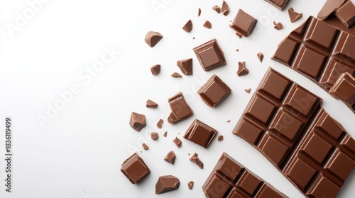 Chocolate bar pieces arranged on a white surface