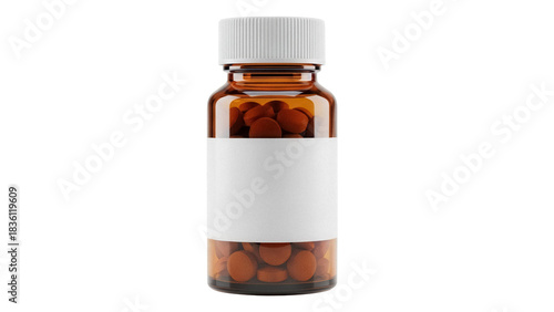 Foto Amber medicine bottle with brown pills isolated PNG, pharmaceutical container on