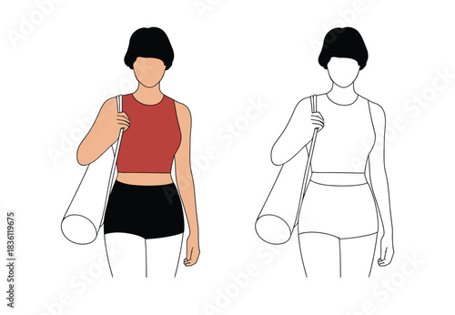 Fit woman walks to workout carrying yoga mat ready for exercise