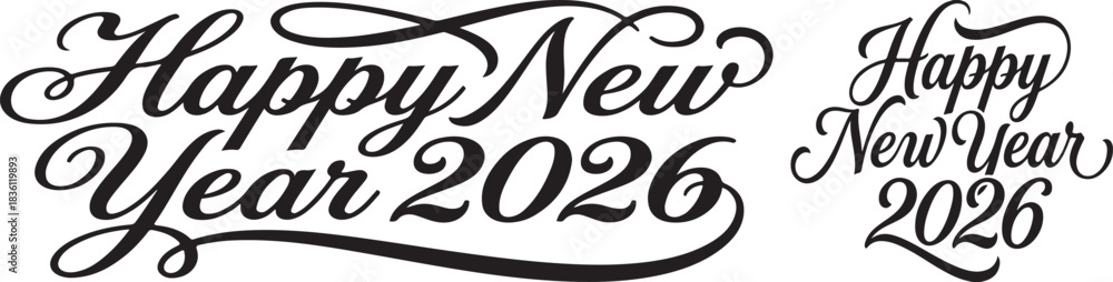 Obraz premium Delicate happy new year 2026 script design with decorative swirls for festive invitations and holiday greetings