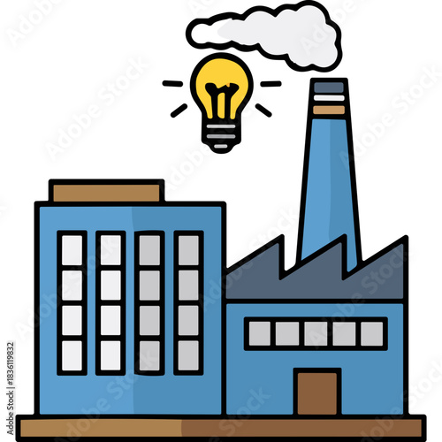 Blue Industrial Factory Building with Tall Chimney Emitting White Smoke and a Bright Yellow Light Bulb Idea Symbol Above on a Black Background