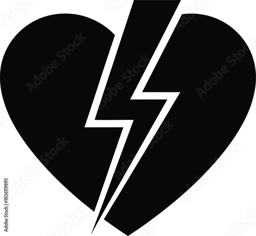 Black silhouette icon of a broken heart split vertically by a sharp lightning bolt, symbolizing sudden shock, heartbreak, or emotional distress