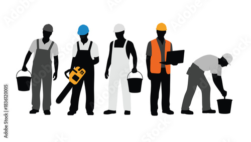 Diverse construction team silhouettes handle tools for building projects