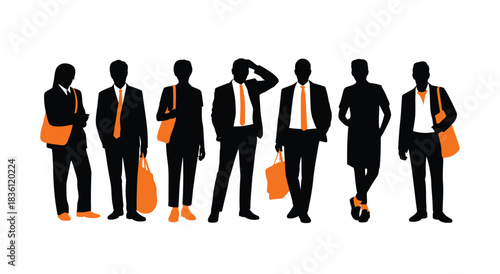 Diverse group of professionals in sharp black silhouette with orange accents
