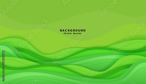 Layered green wavy abstract background with text overlay.