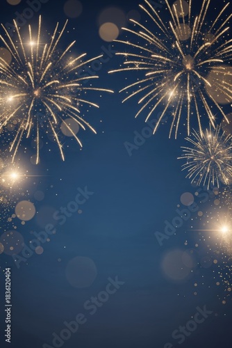 Blue and gold Abstract background and bokeh on New Year's Eve. Vertical Colorful fireworks illuminate a night sky with sparkling bokeh effects.