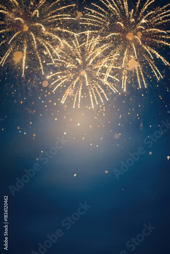 Blue and gold Abstract background and bokeh on New Year's Eve. Vertical Celebratory fireworks illuminating a dark blue sky.