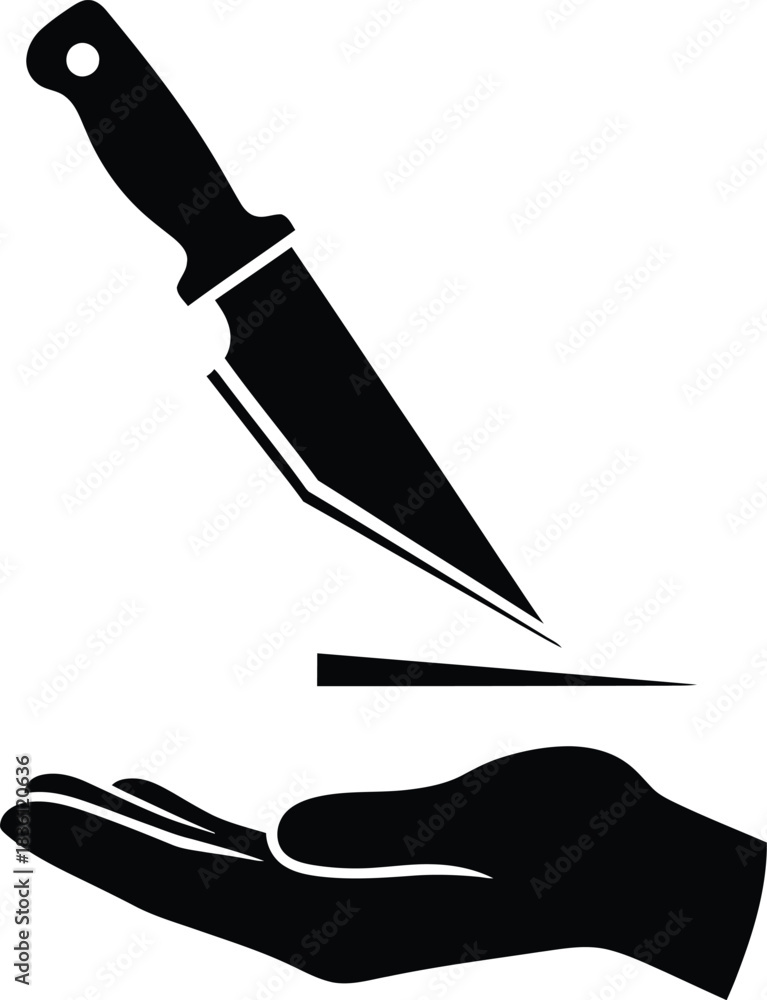 Obraz premium Black silhouette icon representing a sharp knife blade descending towards an open, upturned human hand