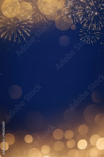 Blue and gold Abstract background and bokeh on New Year's Eve. Vertical Celebratory background with fireworks and bokeh effects.