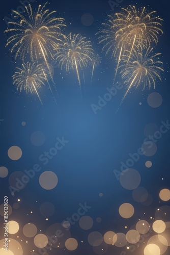 Blue and gold Abstract background and bokeh on New Year's Eve. Vertical Colorful fireworks display with sparkling bokeh effect on a blue background.