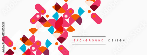 Abstract colorful shapes overlap, creating dynamic visual texture. Background features geometric forms, vibrant hues.