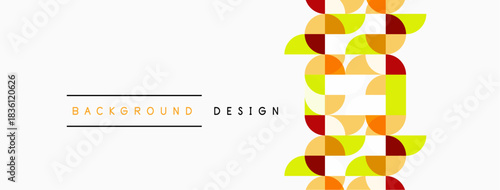 Geometric pattern, vibrant colors, modern design. Background features repeating shapes, orange, yellow, brown hues. Simple text overlay present.
