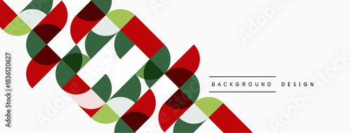 Abstract geometric pattern. Red, green, brown shapes overlap white space. Minimalist design with text elements present.