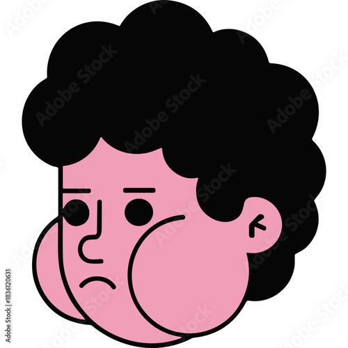 Cartoon Face of a Person with Puffy Cheeks and Dark Curly Hair Set Against a Black Background with Simple Line Art Features and a Subtle Expression of Displeasure