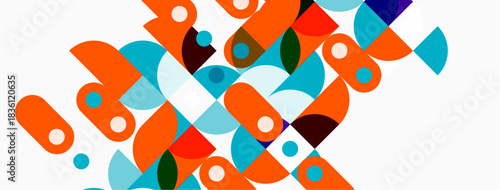 Abstract geometric composition. Circles, semicircles, rectangles overlap creating vibrant pattern. Orange, teal, dark shades dominate design.