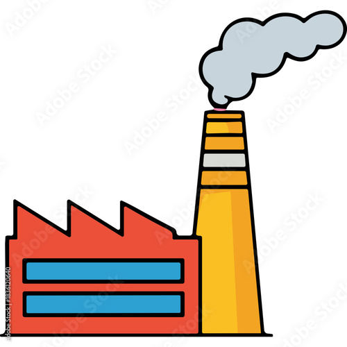 Cartoon Factory Building Emitting Smoke Under Blue Sky With Red and Yellow Colors Industrial Production Concept